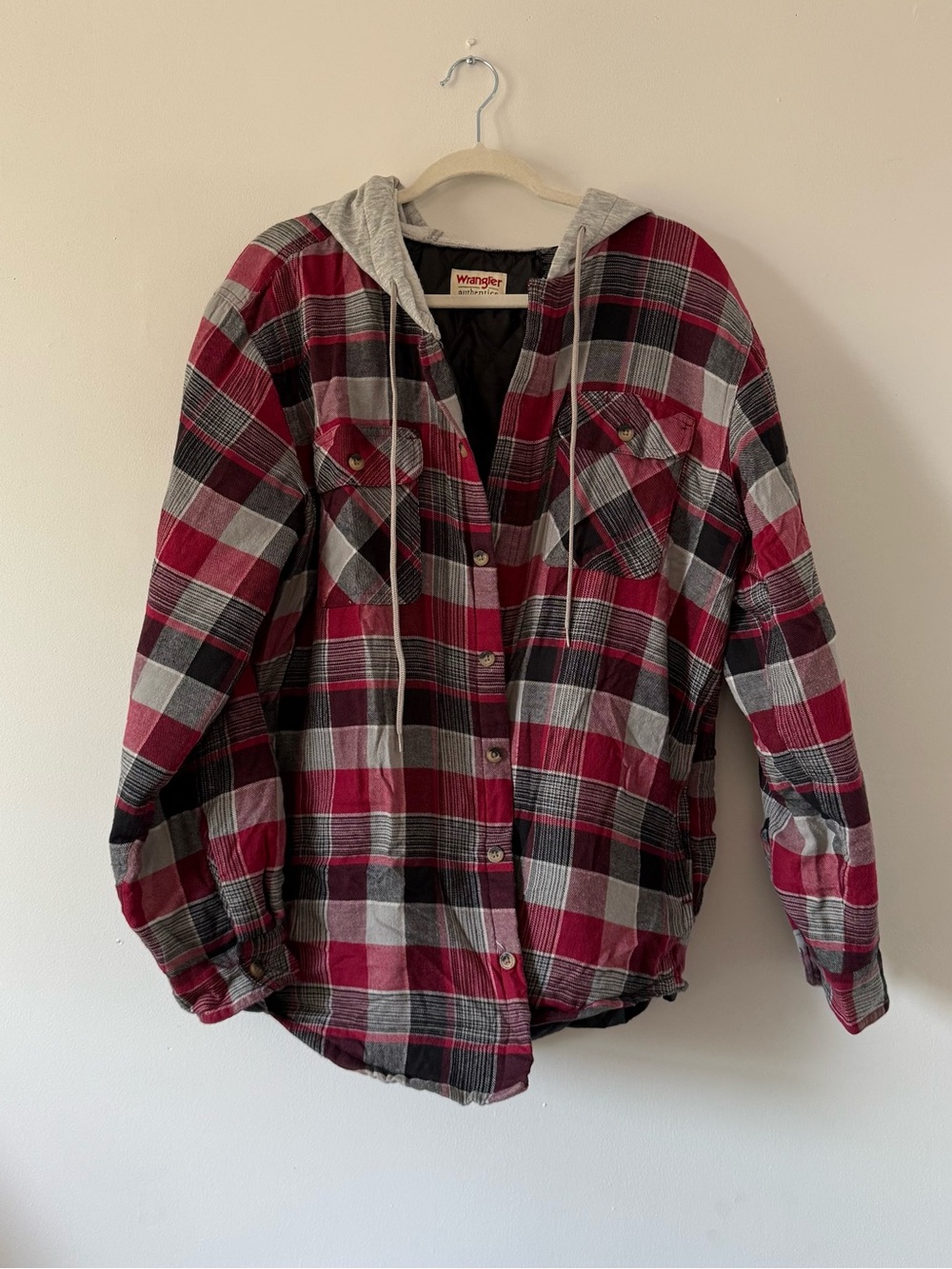 Men’s Wrangler Hooded Plaid Flannel Jacket | Quilted Lined Shacket Red & Black
